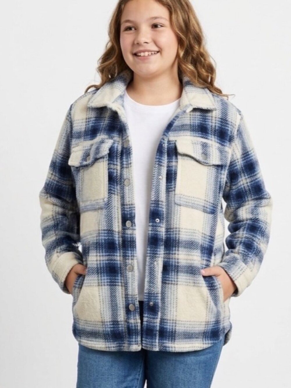 Thereabouts Girls Plus Size L 14.5/16.5 Blue Plaid Shacket Fleece Flannel Jacke